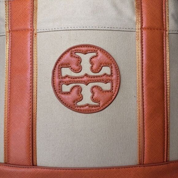 TORY BURCH Tote Bag Orange Leather Canvas Top Handle Limited Edition EUC Rare - Picture 9 of 9